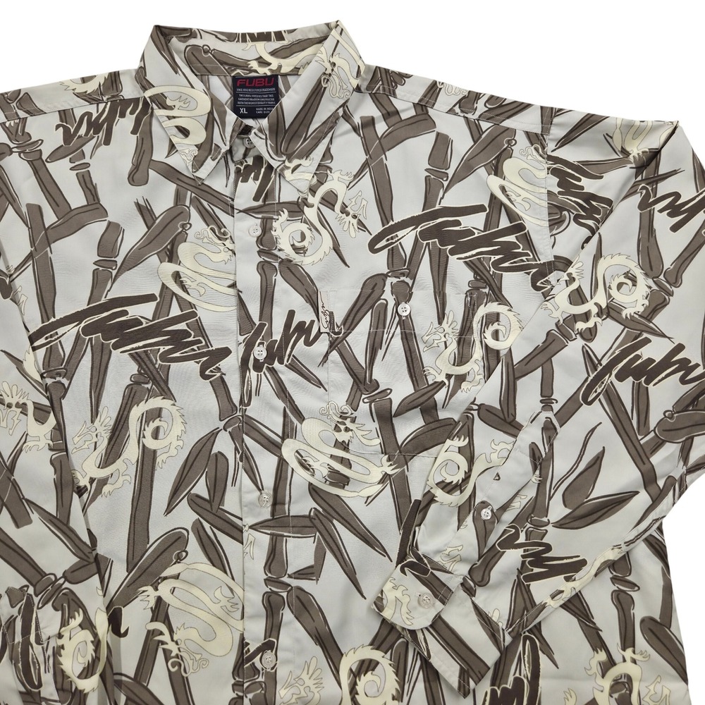 VTG Y2K FUBU Long Sleeve Button Up Shirt Dragon‎ Bamboo AOP Mens XL